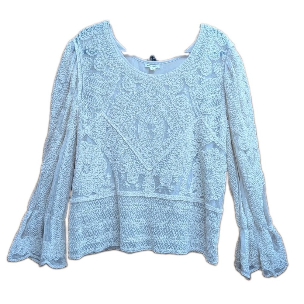 Ultra Pink Women's Top XL Beige Crochet Lined Bell Long Sleeves Sheer Blouse